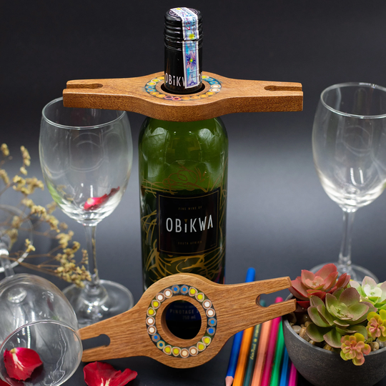 Colored-Pencil Wood Wine Glass Caddy | Wooden Rack With 2 Long Stem Glasses