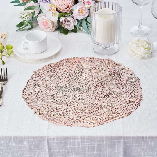 15" Wheat Design Placemat, Dining Table Placemats, Round Mats, Wedding Vinyl Lace Doilies, Charger Plates - 6 Pack | Blush
