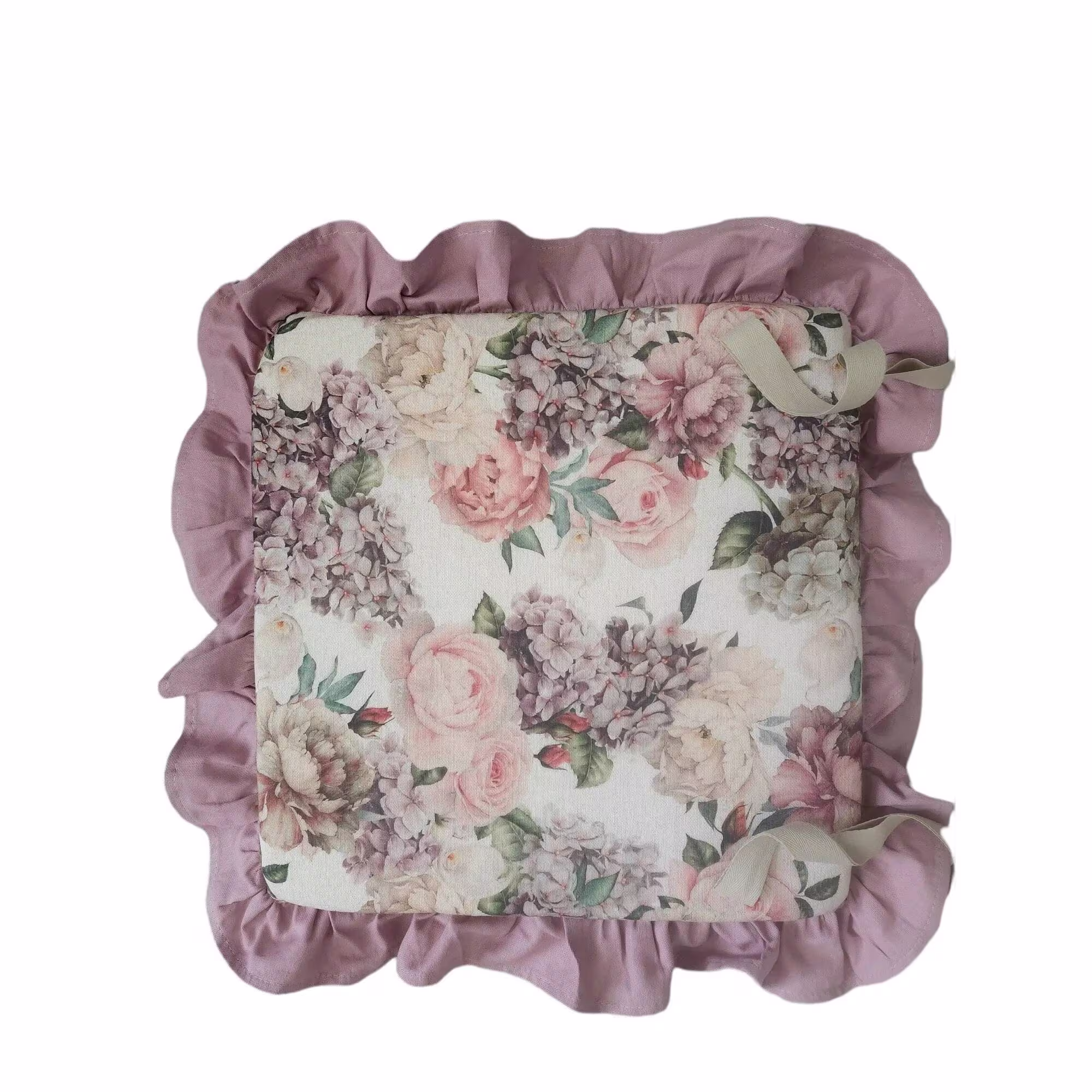 Cottage Pink Roses Chair Cushion With Ties French Country Decor Shabby Chic Farmhouse Ruffled Pads Ties Dinning Slipcover