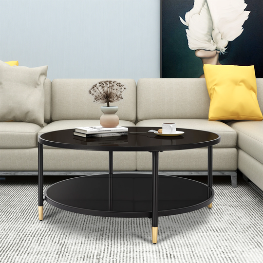 Coffee Table Round End Table Living Room Table Tempered Glass Black