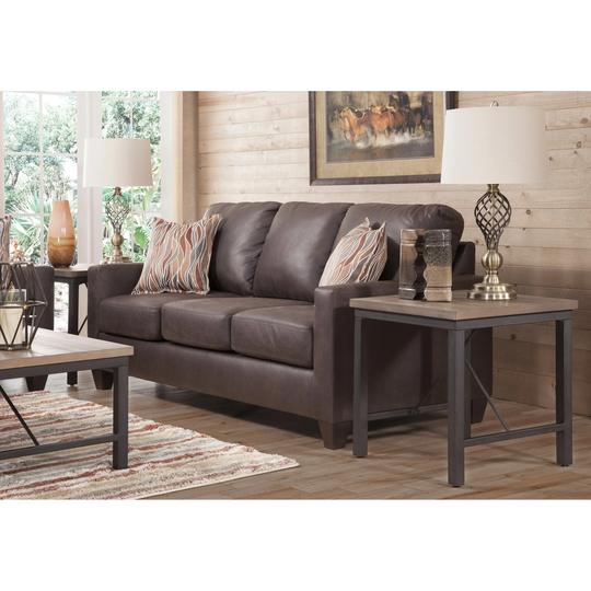 American Furniture Classics Model Square Arm Sofa in Pinto Brown Faux Leather with Two Accent Pillows