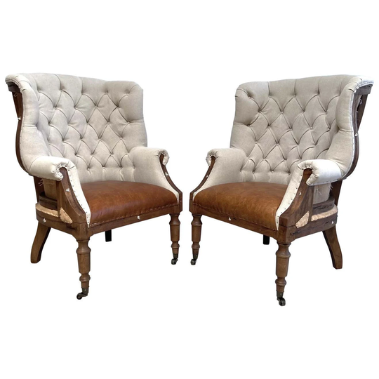 Linen & Leather Deconstructed Wing Back Chair With Caster Wheels