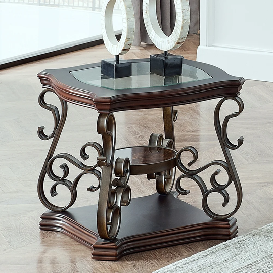 End Table, Glass Table Top, MDF W/marble Paper Middle Shelf,Metal Legs