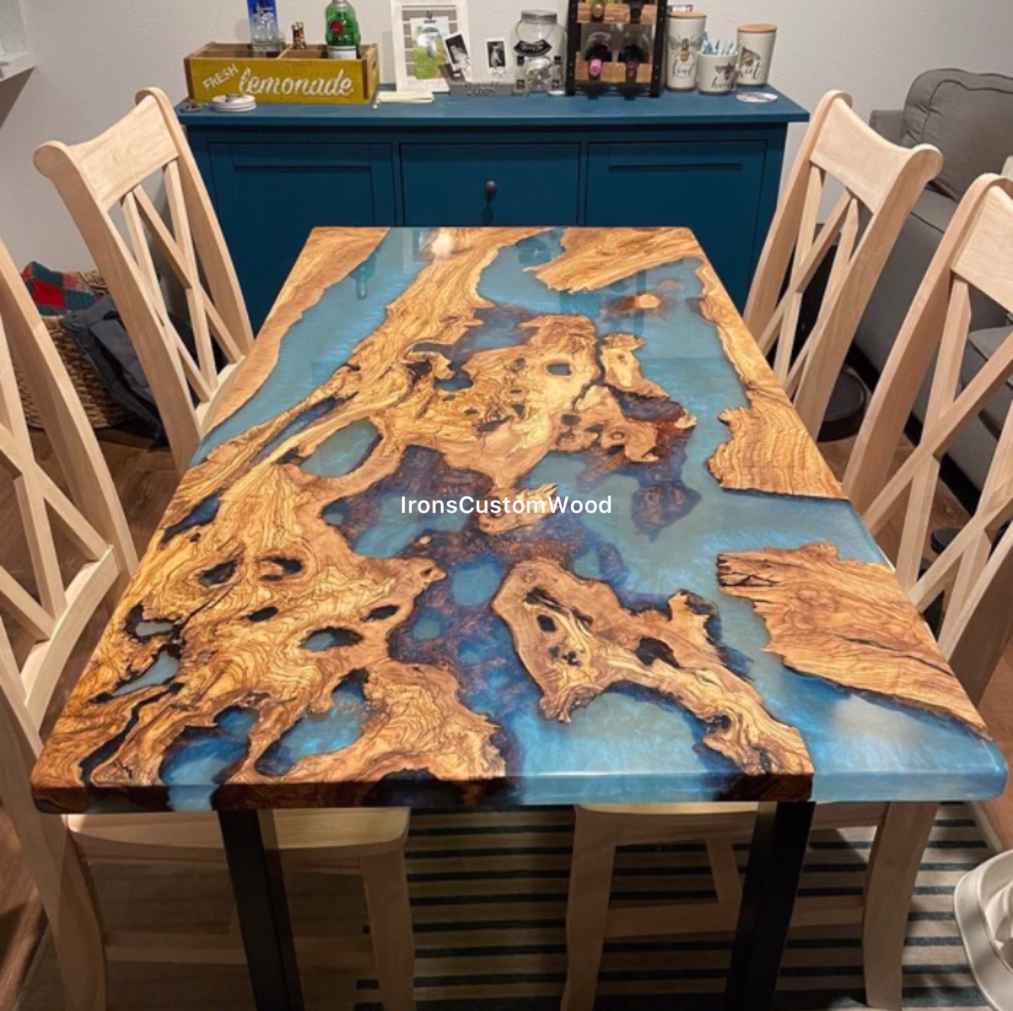 Epoxy Ocean Table, Custom Sea Design Handmade Natural Wood Furniture, Resin River Table