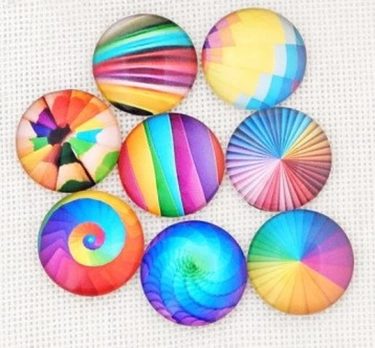 Round Rainbow Colored Glass Cabochon Lot, Flat Back, Set Of 10 Or 50, Mixed Lot Jewelry Making, Bright Colors, Spirals Stripes, Choose Mm