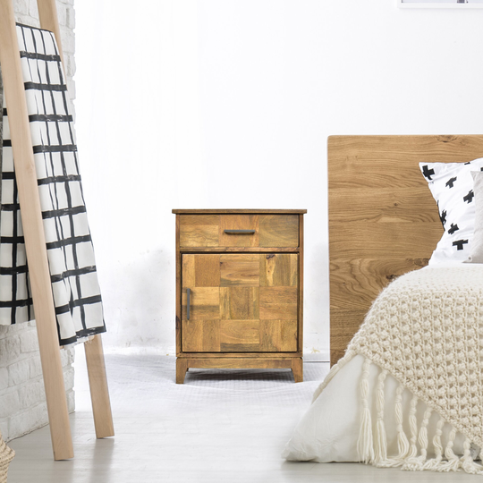 Wood Bedside Table| With 1 Drawer| & Right Side Door| Removable Hardware| Solid Wood| Brown| Spacious Drawer Cabinet| 20x14x26