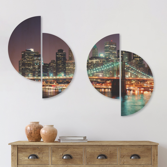 Designart 'New York City Manhattan Skyscrapers' Cityscape Wood Wall Art Set of 4 Half Circles - Multi-Color
