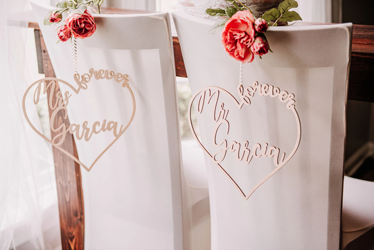 Custom Bride & Groom Wedding Chair Sign, Mr. & Mrs. Decor, Wooden Back Round Geometric Sign, Bride Sign