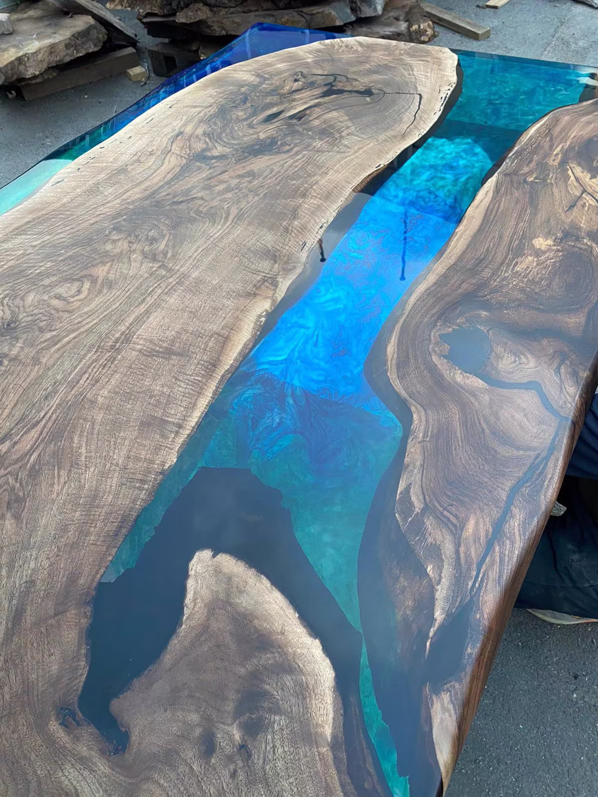 Handmade Epoxy Table, Dining Resin Custom 90" X 50" Walnut Blue, Turquoise, Green Table For Suzanne V