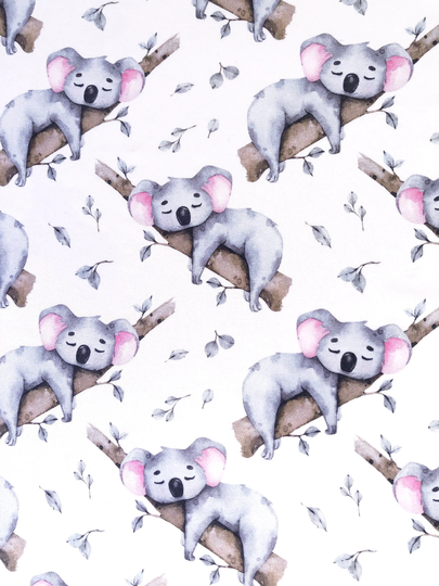Sleepy Baby Koala On The Tree Branch White Quilting Cotton Fabric By 1/2 Yard Or Fat Quarter, Australian Native Bush Animal