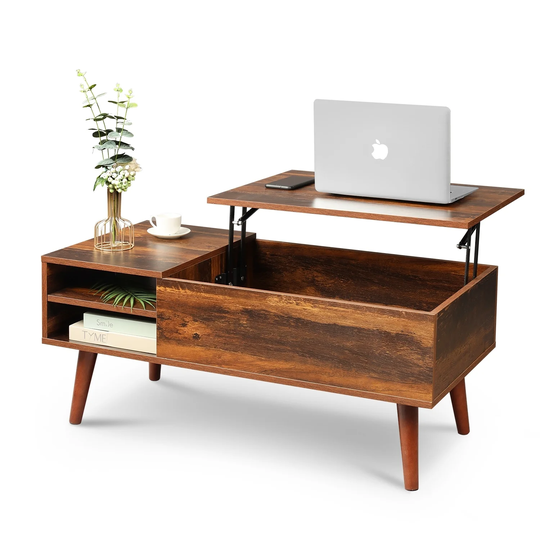 Wood Lift Top Coffee Table With Hidden Adjustable Storage Shelf, Lift Tabletop Dining Table For Home Living Room,