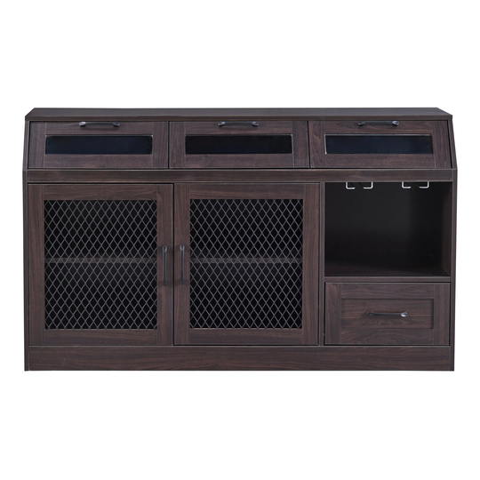 Kitchen Sideboard Multifunctional Buffet Cabinet with Drawers, Mesh Metal Doors and Wineglass Holders