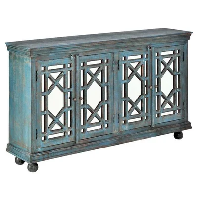 72 Inch Navy Blue Shabby Elegance 4 Door Mirrored Trellis Sideboard Buffet