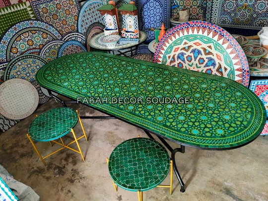 Oval Mosaic Table, Moroccan Table For Outdoor Indoor Living, Dining Bistro Green