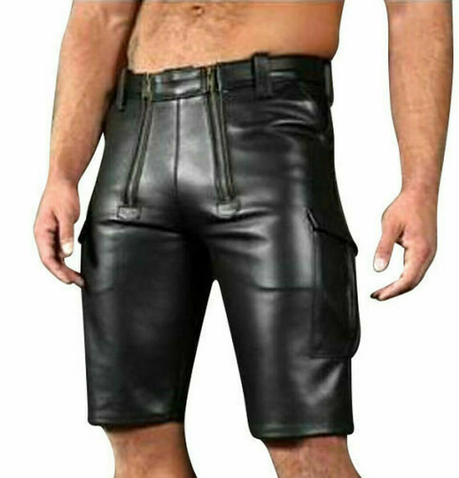Men's High Quality Cowhide Leather Black Cargo Short Deep Pocket Stylish Cargo Pant