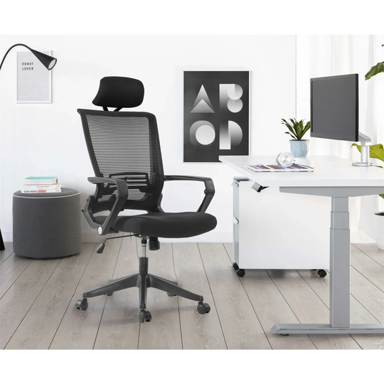 High Back Office Chair with fixed arms and headrest, Black
