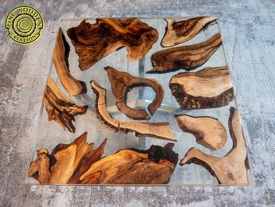 Square Resin & Walnut Coffee Table With Transparent Crystal Clear Epoxy Mirror-Polished Stainless Steel Legs