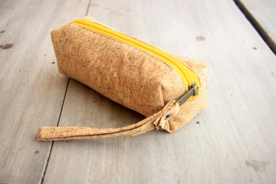 Pencil Case Made From Cork With Yellow Zipper, Pen Bag, Handmade & Vegan