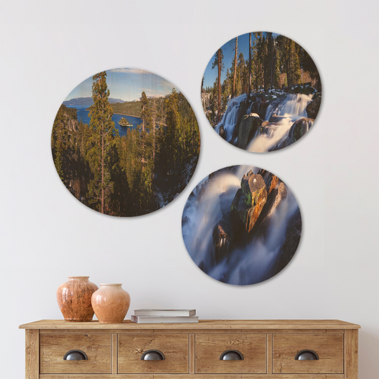 Designart 'Eagle Falls Emerald Bay Lake Tahoe' Landscape Wood Wall Art Set of 3 Circles - Multi-Color
