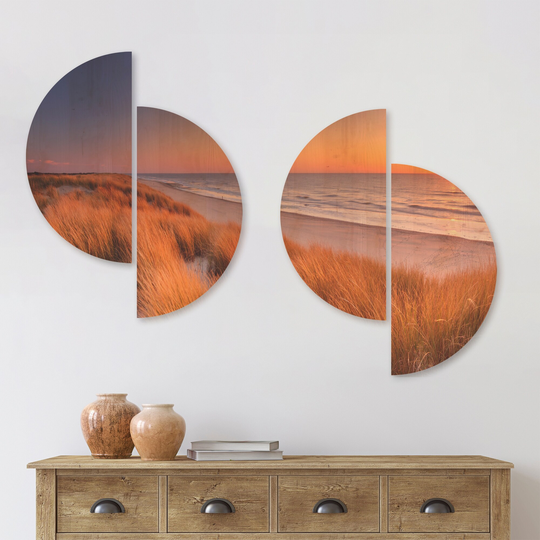 Designart 'Sunset on Texel Island Beach' Modern Seashore Wood Wall Art Set of 4 Half Circles - Multi-Color
