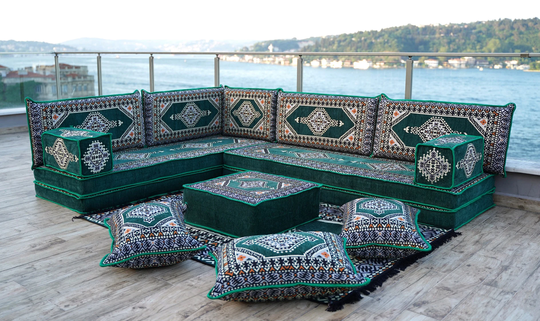 Green Moroccan Home Decor Cushion, 8" Thick Corner Floor Seating Set, L Shaped Couch, Sectional Sofa Pillows, Arabic Majlis