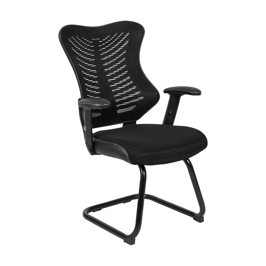 Offex Designer Mesh Sled Base Side Reception Chair with Adjustable Arms - Black