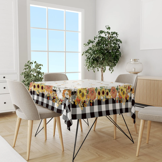 Sunflower & Pumpkin Square Table Covers, Winter Squash Rectangle Tablecloth, Plaid Cucurbita Moschata Linen, Fall Round Sheets