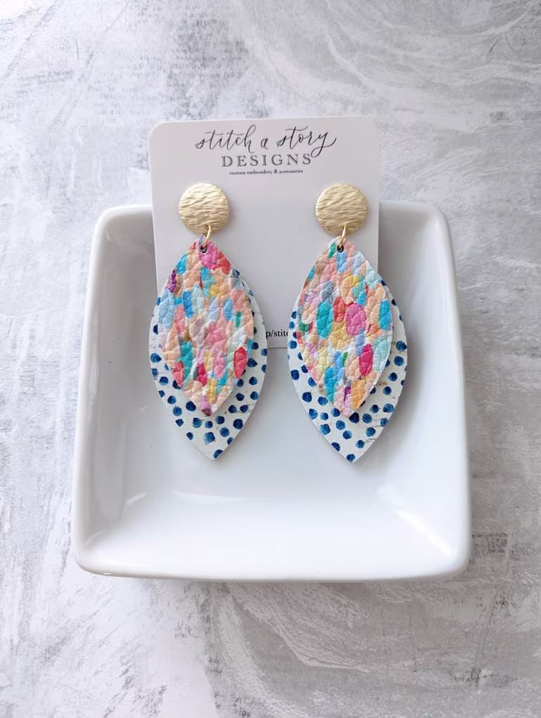 Color Mixing Leaf Shaped Leather Earrings, Confetti Statement Earrings
