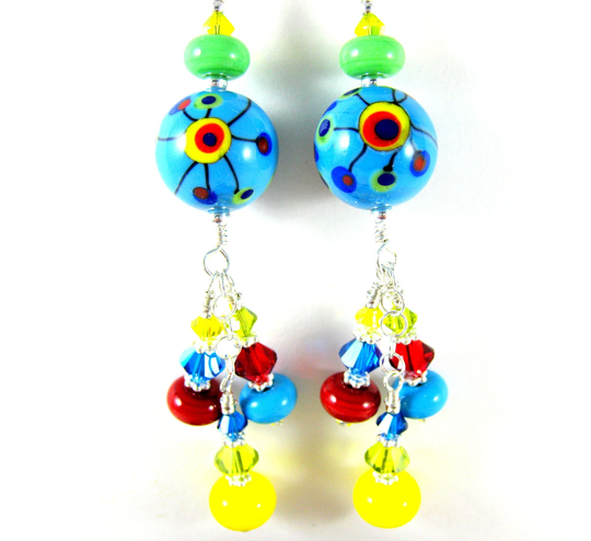 Colorful Funky Earrings, Lampwork Glass Rainbow Jewelry, Blue Yellow Red Bright Colors Unique Earrings Pop Art