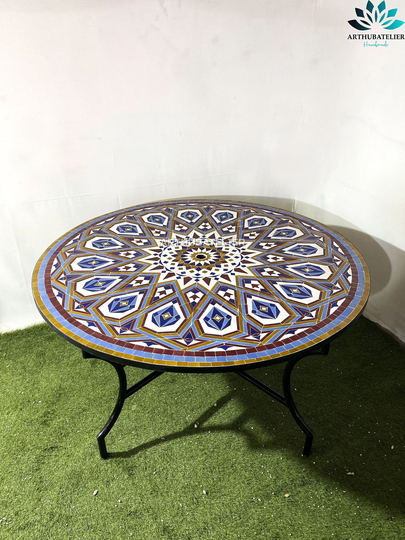 Large Mosaic Dining Table Round For Outdoor & Indoor, Umbrella 100% Handcrafted Mandala Design