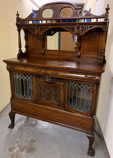 Antique Quarter Sawn Oak Sideboard Buffet Leaded Glass Doors 20D48W40H66H Shipping Is Not Free