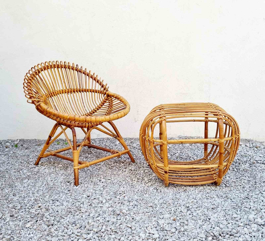 Set Of Mid Century Wicker Lounge Chair & Ottoman/Designed By Franco Albini For Bonacina Italian Design 1960 Made in Italy "60S