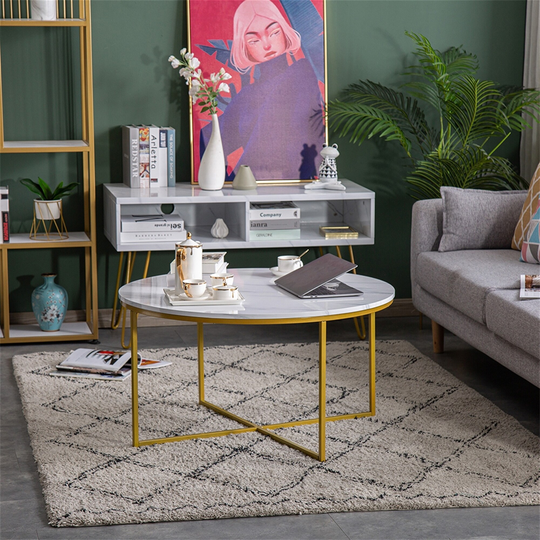 Coffee Table, Marble Top End Table with X-shaped Metal Base