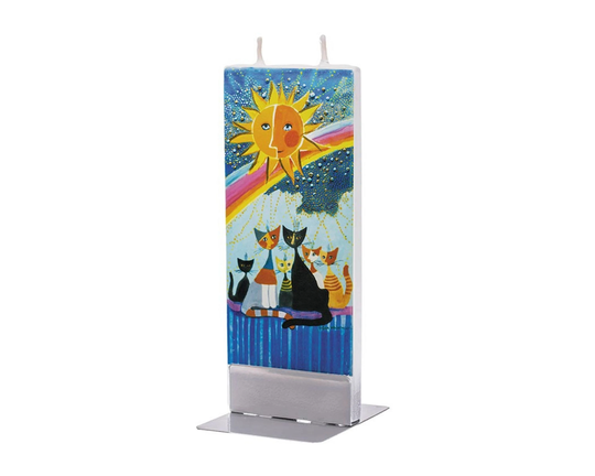 Hand Painted Flat Candle | Cats Family Under Rainbow Small Unique Gift Colorful Fine Art Shelf Décor