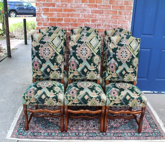 Set Of 6 French Antique Louis Xiv Oak Dining Chairs ~ Green