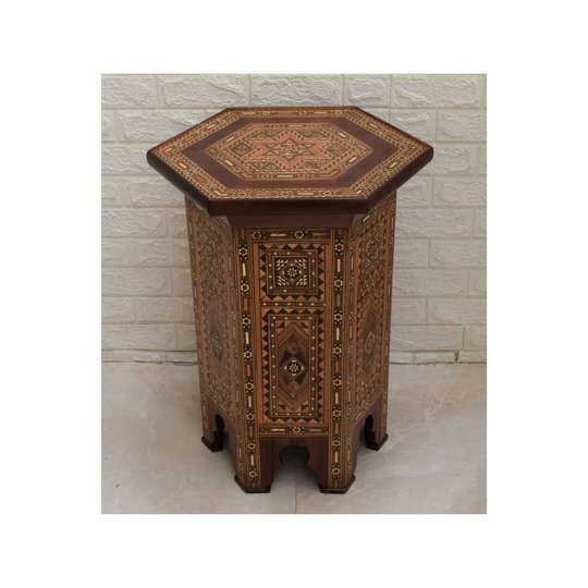 Handcrafted Syrian Mosaic Side Table, Morocco Marquetry Moroccan Wooden Coffee Home Decor, Furniture