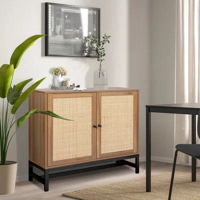 Accent Cabinet with Natural Rattan & Iron Bracket, Sideboard Buffet Console Table, Storage Cabinet