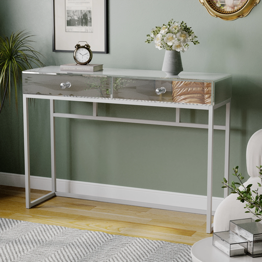 Modern Mirrored Console Table with 2 Drawers for Entryway/Hallway Silver Bedroom Desk Sofa Tables