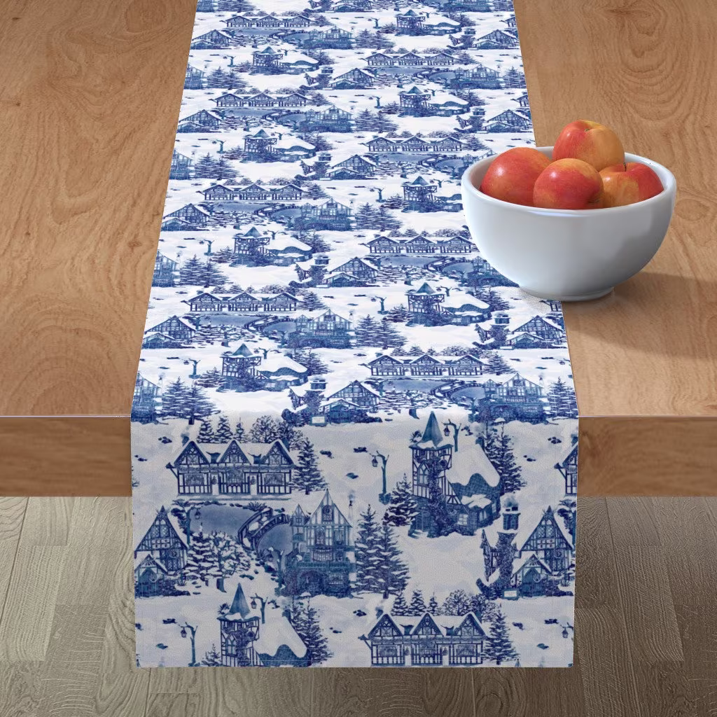 Classic Toile Table Runner - Snowy Christmas Village By Smokeinthewoods Traditional Holidays Cotton Sateen Spoonflower