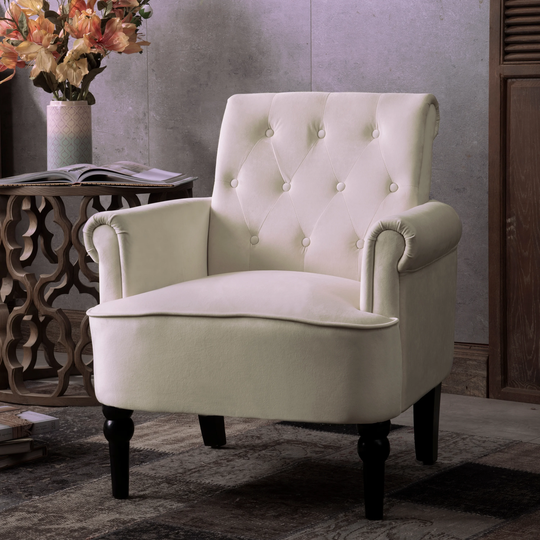 Button Tufted Club Chair Accent Armchairs Roll Arm with Wooden Legs