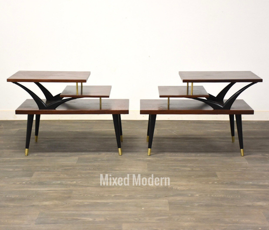 Walnut Three Tiered End Tables - A Pair