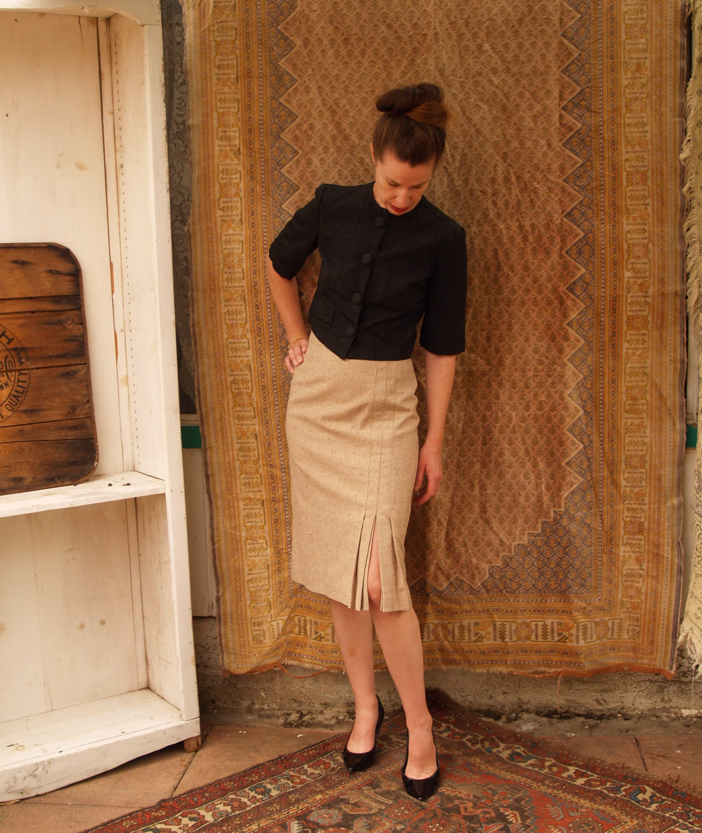 Vintage Tailored Pencil Skirt With Kick Pleats//Tweed