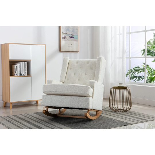 Nursery Rocking Chair Upholstered Mid Century Modern Rocker Oversized Wingback Armchair for Living Room with 2 Leg, White Teddy