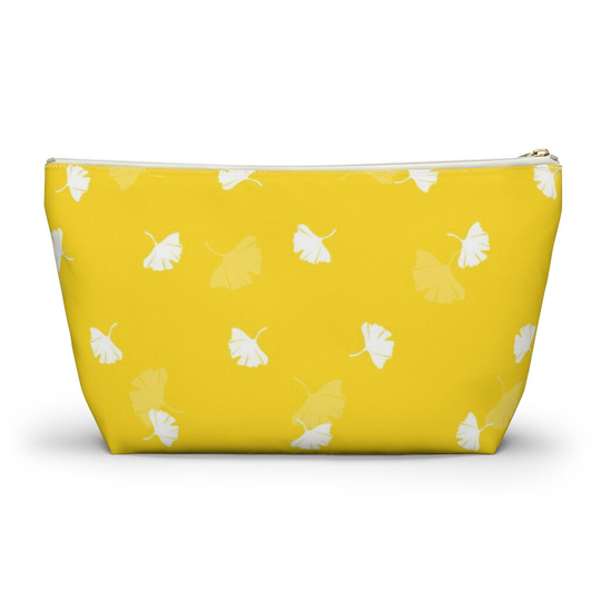 Yellow Pouch With Ginkgo Leaves, Cosmetic Bag, Pencil Case