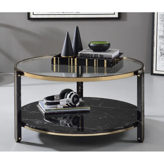 Thistle Coffee Table, Clear Glass, Faux Black Marble & Champagne Finish for Living Room and Office