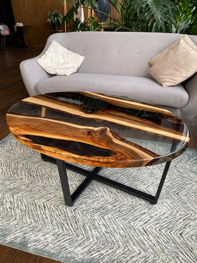 Clear Epoxy Table, Walnut Wood Live Edge Oval Resin Furniture, Handmade Resin, Coffee End Tables