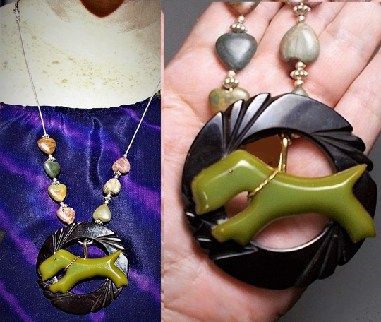 1930 Bakelite Avocado Scottie 38" Sterling Heart Stone Necklace Stylistic Running Twisted Brass Collar Set Bakelite Scalloped Buckle