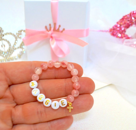 18K Gold Rhinestone Holly Cross Pink Jade Baby Bracelet, Baptism Gift, Christening, Communion, Shower Personalized Girls Bracelet
