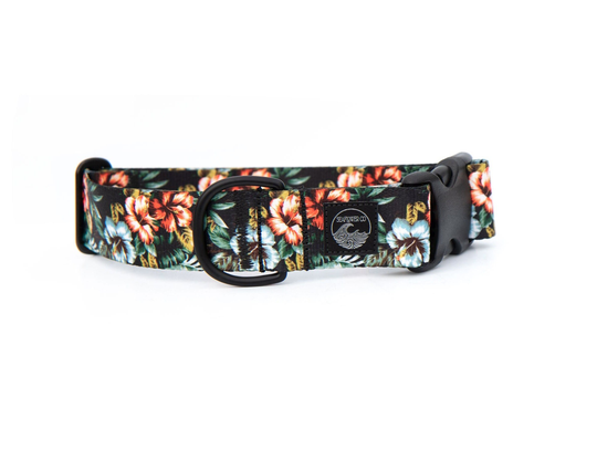 Hawaiian Floral Dog Collar | Tropical Pet Hibiscus Stainless Steel Black Metal Girl |Summer Martingale