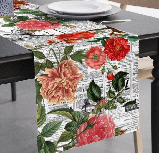Eclectic Rose Flower Table Runner - Vintage Newspaper Art Kitchen Decor